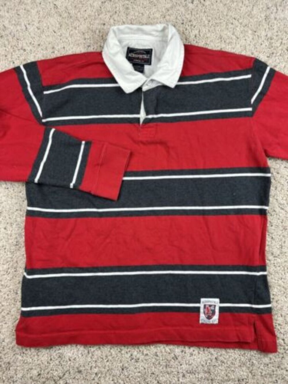 Aeropostale Long Sleeve Red Gray Striped Polo Shirt Size Large Cotton Men’s